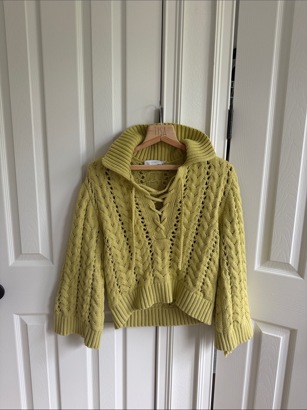 Simkhai Lace-Up Cable Knit Sweater with fringe - Yellow Green chartreuse NWOT